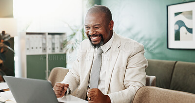 Buy stock photo Investor, laptop and man in office, excited and celebration for profit increase, stock market goal or smile. African person, trader or financial advisor in workplace, pc and email for investment deal