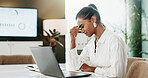 Headache, laptop and stress with business woman in office for debt or financial burnout. Anxiety, audit and computer with finance employee at desk in workplace for brain fog, migraine or pain