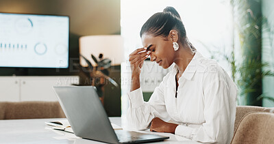 Buy stock photo Headache, laptop and stress with business woman in office for debt or financial burnout. Anxiety, audit and computer with finance employee at desk in workplace for brain fog, migraine or pain