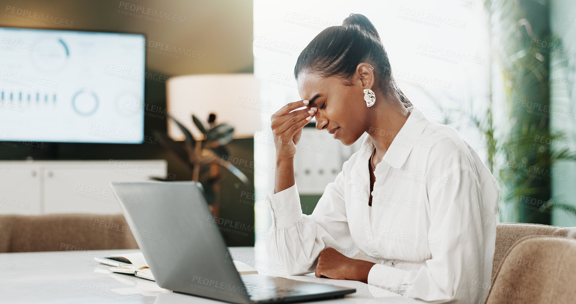 Buy stock photo Headache, laptop and stress with business woman in office for debt or financial burnout. Anxiety, audit and computer with finance employee at desk in workplace for brain fog, migraine or pain