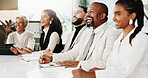 Happy, documents and panel of business people at presentation for finance training with teamwork. Laughing, collaboration and team of financial advisors with paperwork for investment proposal.