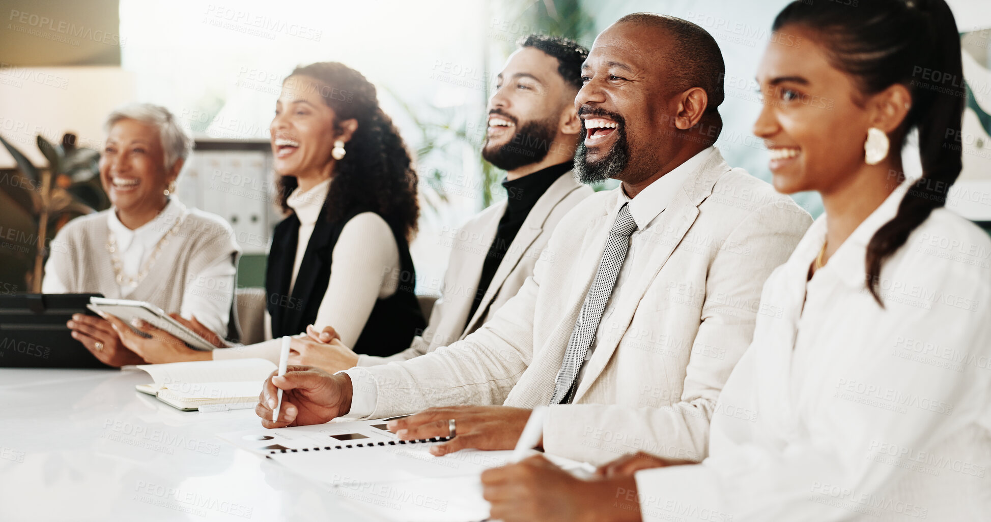 Buy stock photo Happy, documents and panel of business people at presentation for finance training with teamwork. Laughing, collaboration and team of financial advisors with paperwork for investment proposal.