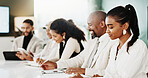 Woman, writing and smile at office meeting with team for review, notes and training at insurance company. Business people, group and workshop for assessment, happy and tech at risk management agency