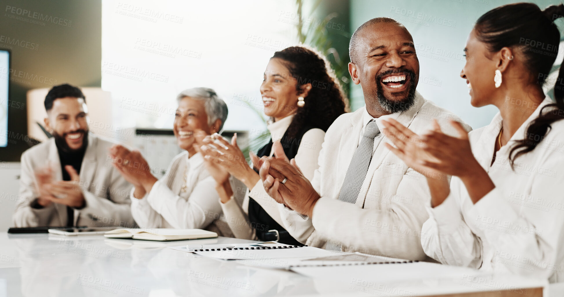 Buy stock photo Business people, applause and happy for celebration at office meeting with announcement at investment company. Team, men and women with success, support or smile for achievement at finance agency