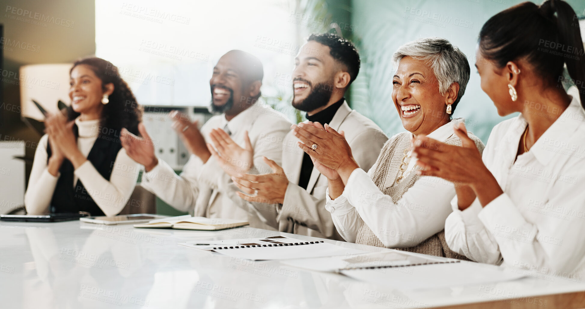 Buy stock photo Business people, applause and celebration for success at office meeting with announcement at investment company. Team, men and women with goals, support or clapping hands for deal at finance agency