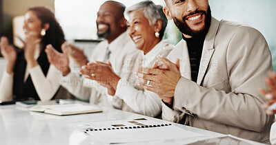 Buy stock photo Hands, team and applause at office meeting with success for project, smile and goals at insurance company. Group, women and men with support, announcement or celebration at risk management agency