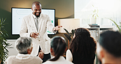 Buy stock photo Man, trophy and presentation with team at office meeting for praise, success or goals at climate agency. People, speaker and announcement for staff award, celebration or happy at sustainable business