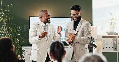 Buy stock photo Man, team and applause with trophy at office meeting for praise, success or thanks at climate agency. People, happy and award presentation for goals, achievement or motivation at sustainable business