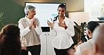 Applause, smile and thank you with business women in office for achievement or congratulations. Award, success and surprise with employee team clapping in workplace for bonus, milestone or promotion