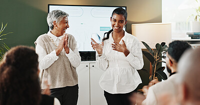 Buy stock photo Applause, smile and thank you with business women in office for achievement or congratulations. Award, success and surprise with employee team clapping in workplace for bonus, milestone or promotion