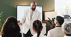 Presentation, speaking or man in meeting for pitch, business growth proposal or sales increase solution. Talking, profit generation idea or people with project speech in office, vision or plan info