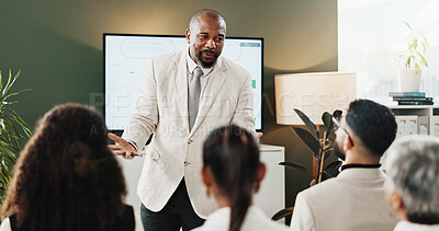 Buy stock photo Presentation, speaking or man in meeting for pitch, business growth proposal or sales increase solution. Talking, profit generation idea or people with project speech in office, vision or plan info