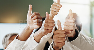 Buy stock photo Business people, hands or thumbs up with team in unity for agreement or confirmation. Closeup, group or employees with like emoji, yes sign or OK for positive review or feedback together in workplace