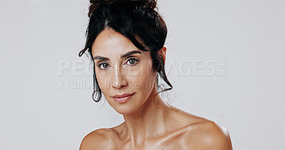 Buy stock photo Skincare, portrait or woman in studio with glow, anti aging or smooth skin in facial care. Dermatology, smile or mature person on white background with space, shine or collagen in natural cosmetics.