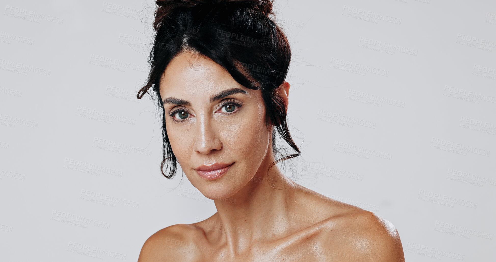 Buy stock photo Skincare, portrait or woman in studio with glow, anti aging or smooth skin in facial care. Dermatology, smile or mature person on white background with space, shine or collagen in natural cosmetics.