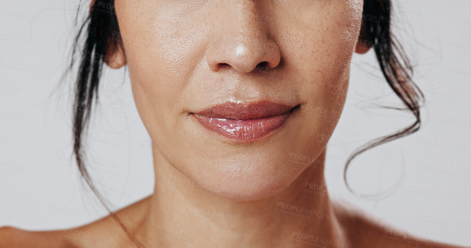 Buy stock photo Woman, lips and beauty with makeup in studio for cosmetics or facial on a white background. Closeup, female person or model with mouth, gloss or glow up for shine, cosmetology or skincare aesthetic