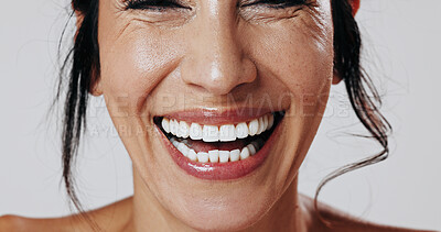 Buy stock photo Dental, woman or mouth in studio with laugh, closeup or tooth wellness in orthodontics. Happiness, veneers and person on white background with hygiene, teeth whitening and dentistry in oral health.