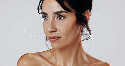 Buy stock photo Thinking, skincare and woman in studio, beauty and dermatology on white background. Wellness, shine and mature person with cosmetics, reflection and healthy skin for grooming, glow and confidence