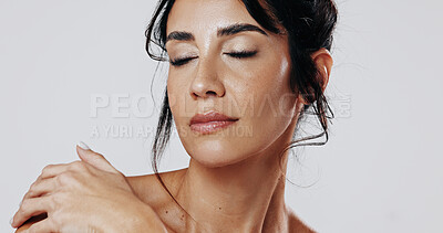 Buy stock photo Skincare, touch or person in studio with smooth skin, shine or glow in facial care. Wellness, space or woman on white background with confidence, dermatology or natural cosmetics for soft feel.