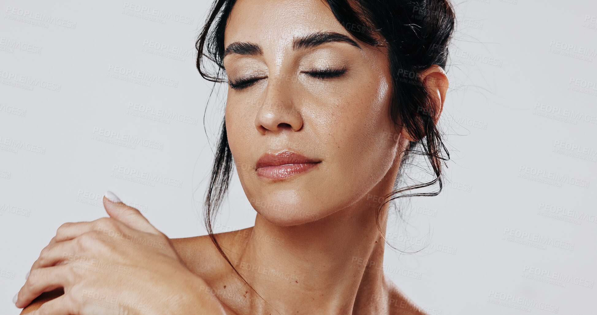 Buy stock photo Skincare, touch or person in studio with smooth skin, shine or glow in facial care. Wellness, space or woman on white background with confidence, dermatology or natural cosmetics for soft feel.