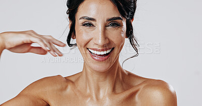Buy stock photo Beauty, portrait and smile of woman in studio for antiaging cosmetics or dermatology satisfaction. Aesthetic, results and skincare with mature model isolated on white background for cosmetology