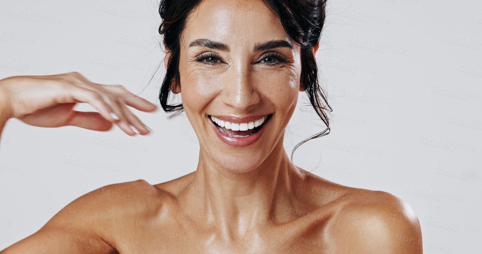 Buy stock photo Beauty, portrait and smile of woman in studio for antiaging cosmetics or dermatology satisfaction. Aesthetic, results and skincare with mature model isolated on white background for cosmetology