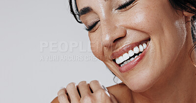Buy stock photo Skincare, space or person in studio with smooth skin, shine or glow in facial care. Wellness, smile or woman on white background with confidence, dermatology or natural cosmetics for soft touch.