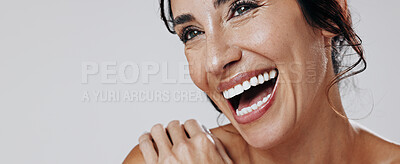 Buy stock photo Funny, thinking and woman in studio, skincare and dermatology on white background. Banner, laugh or mature person with wellness, cosmetics or beauty for healthy skin, shine or natural glow with space