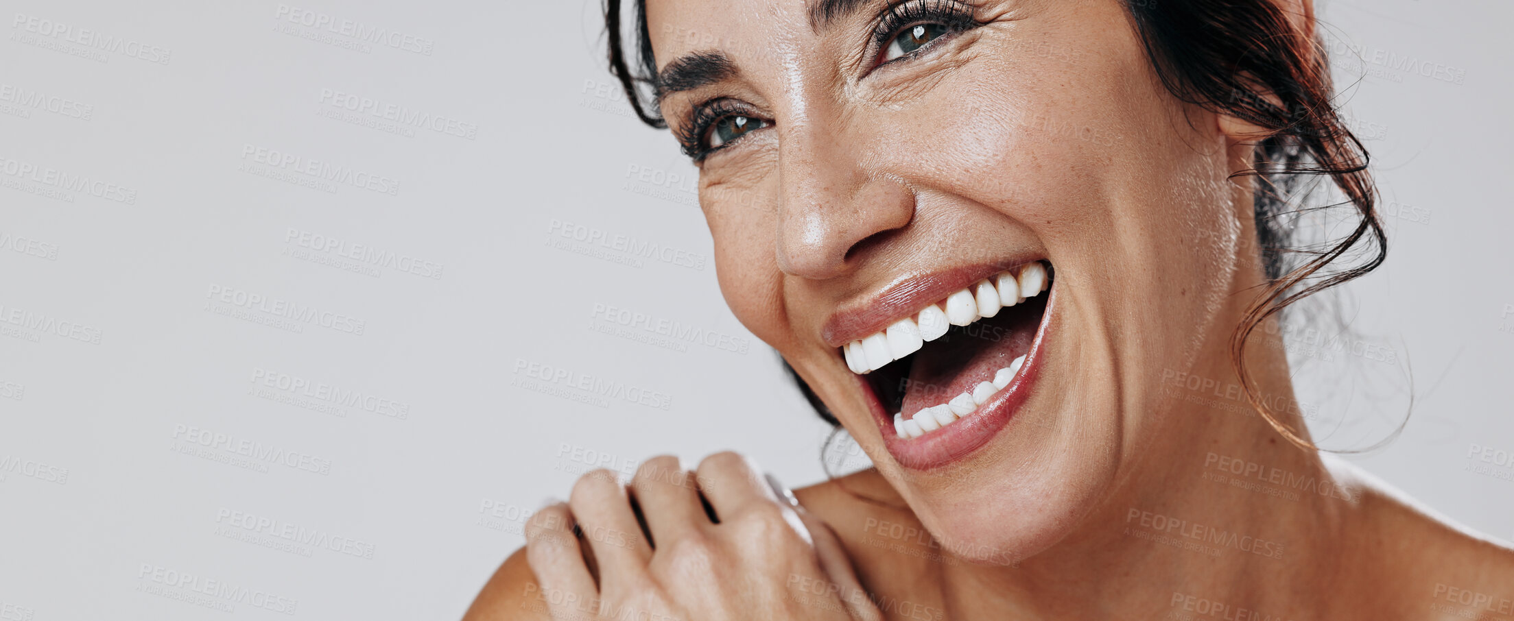 Buy stock photo Funny, thinking and woman in studio, skincare and dermatology on white background. Banner, laugh or mature person with wellness, cosmetics or beauty for healthy skin, shine or natural glow with space
