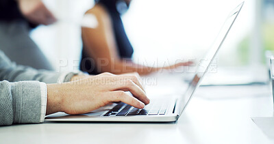 Buy stock photo Business people, typing and hands with laptop on desk, email marketing or creative assignment on web. Team, coworking and copywriting with tech for blog, online and post on social media in office