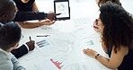 Meeting, documents and business people on tablet for finance review, profit growth and feedback. Corporate, paperwork and workers in discussion for financial report, budget and strategy with charts