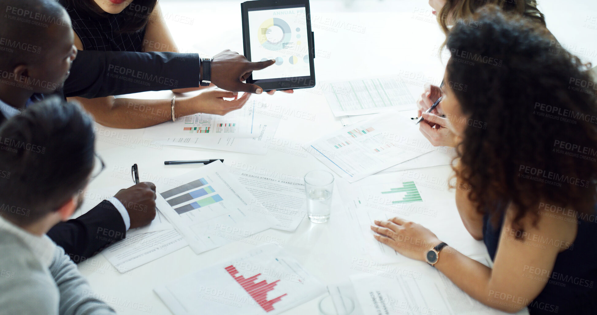 Buy stock photo Meeting, documents and business people on tablet for finance review, profit growth and feedback. Corporate, paperwork and workers in discussion for financial report, budget and strategy with charts