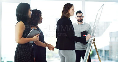 Buy stock photo Woman, team and writing with whiteboard at office with advocate, notes and insight for solution. People, legal consultant and group with planning, feedback or problem solving at corporate law firm