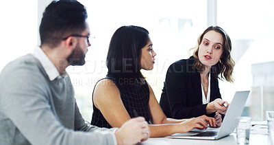 Buy stock photo Laptop, discussion and business people in office for finance review, investment proposal and feedback. Corporate, team and workers on computer for financial report, budget and strategy for meeting