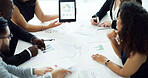 Graphs, documents and business people on tablet for finance review, profit growth and meeting. Corporate, paperwork and workers in discussion for financial report, budget and strategy with charts