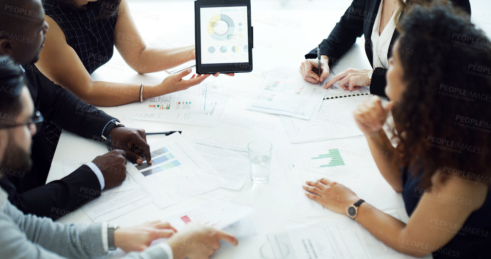 Buy stock photo Graphs, documents and business people on tablet for finance review, profit growth and meeting. Corporate, screen and workers with paperwork for financial report, budget and discussion with charts