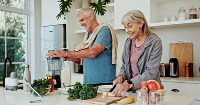 Buy stock photo Kitchen, chop or senior couple with blender for smoothie,   prepare ingredients or detox drink for health. Smile, cutting fruit or old people with diet juice for nutrition, home or breakfast shake