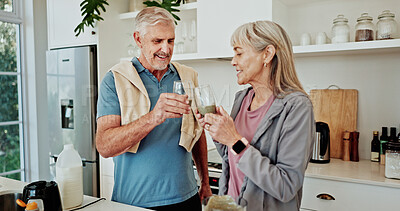 Buy stock photo Smoothie, toast and mature couple in kitchen with healthy nutrition, wellness and detox together. Fitness, married people and cheers in home with green juice, organic beverage and hydration benefits.