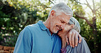 Hug, funny and old couple in garden, exercise for health benefits and retirement. Outdoor, senior man and woman with embrace, training or workout for wellness, laughing and fitness goals in backyard