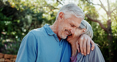Buy stock photo Hug, outdoor and senior couple with love, funny and bonding together for relationship. Nature, elderly man and happy woman in garden, embrace for care and laughing for joke, humor and marriage