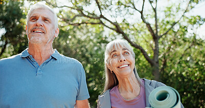Buy stock photo Fitness, thinking and old couple in garden, yoga mat and bonding together for relationship. Outdoor, senior man and happy woman in backyard, retirement and reflection for memory, exercise or wellness