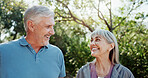 Smile, fitness and old couple in garden, talking and bonding together for support, relax and nature. Outdoor, senior man and happy woman in backyard for exercise, conversation or hobby for retirement