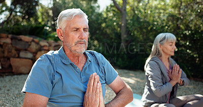 Buy stock photo Yoga, hands together and old couple in garden, meditation for health benefits and retirement activity. Outdoor, pensioner and senior man with woman, posture and zen with exercise, chakra and fitness