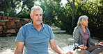 Yoga, fitness and old couple in backyard, meditation and exercise for health benefits, zen and breathing. Nature, senior man and woman in garden, relationship and lotus pose for holistic healing