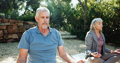 Buy stock photo Yoga, relax and old couple in backyard, calm and retirement with health benefits, zen and breathing. Nature, senior man or woman in garden, relationship or lotus pose for holistic healing or wellness