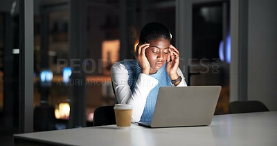 Buy stock photo Night, creative agency and black woman with headache, laptop for article rejection and stress. African person, late and journalist in office, migraine and pc for website error, burnout and brain fog