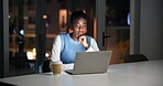 Laptop, reading and thinking with business black woman in office at night for online development. Computer, information and planning with African employee at desk in dark workplace for research