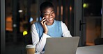 Night, laptop and black woman in office with phone call, journalist interview or research for story. Late, person and listen in workplace with tech, contact news source or computer for online article