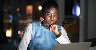 Buy stock photo Information, laptop and thinking with business black woman in office at night for online development. Computer, planning and reading with African employee at desk in dark workplace for research