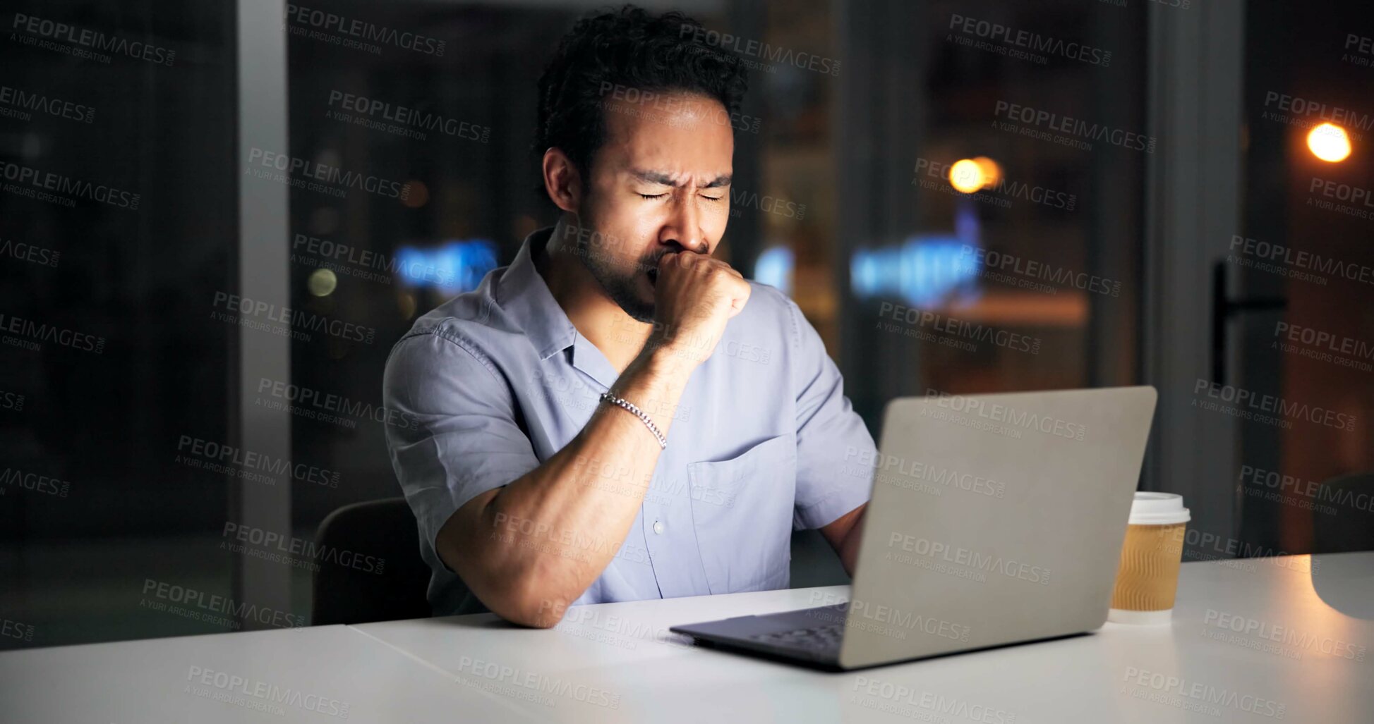 Buy stock photo Night, man and yawn in office with laptop, journalist research and fatigue for news investigation. Late, tired person and writer in workplace with computer, overtime burnout and deadline for article.